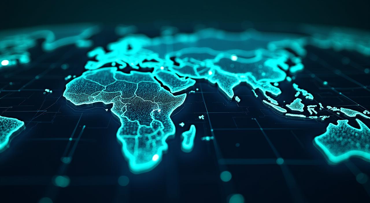 Visualizzazione futuristica di una mappa 3D generata dall'AI con dati satellitari